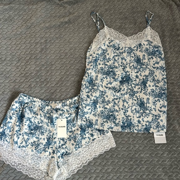 Other - Blue Floral Lace-Trim Pajama Cami & Shorts Set